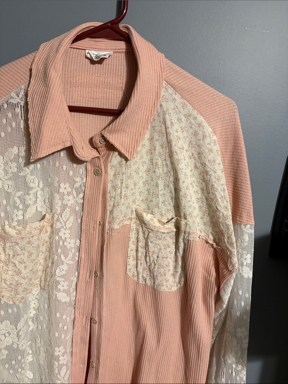 Peach Mixed-Media Button-Up Shirt